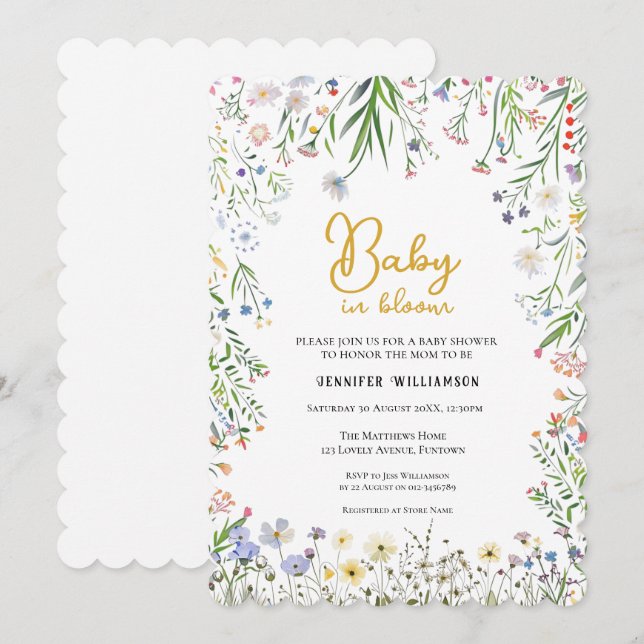 Floral Baby Shower invitation, Baby in Bloom Inbjudningar (Fram/baksida)