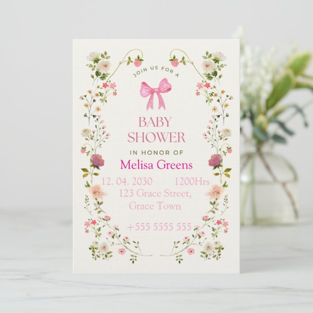 Floral Baby Shower Invitation | Soft Pink waterco Inbjudningar (Stående Fram)