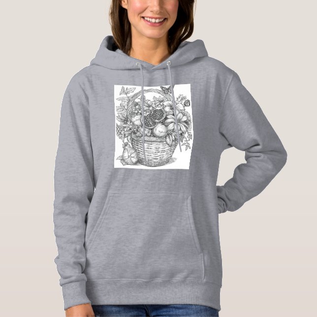 Floral Basket and Fruits Ink Illustration Hoodie T Shirt (Framsida)