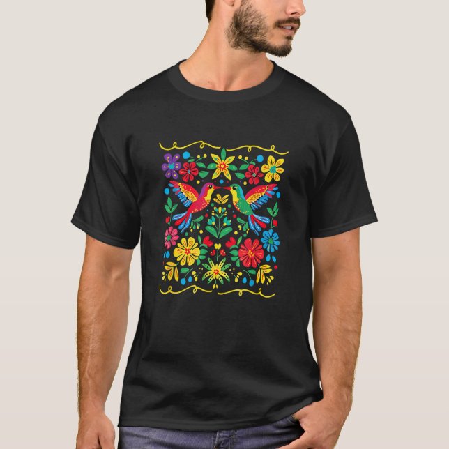 Floral Bird Otomi Mexican Style Mexicano Mexicana  T Shirt (Framsida)