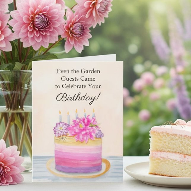 Floral Birthday Cake with Dahlia and Garden Insect Kort (Skapare uppladdad)