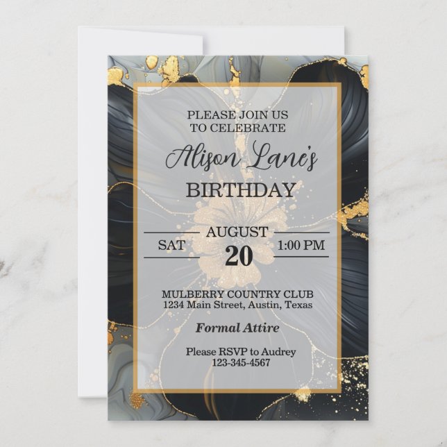 Floral Black and Gold Floral Inbjudningar (Framsida)