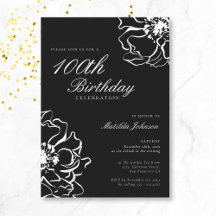 Floral Black and White 100 Birthday