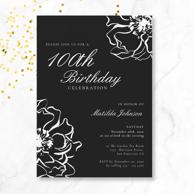 Floral Black and White 100 Birthday Inbjudningar (Mockup View)