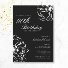 Floral Black and White 90th Birthday