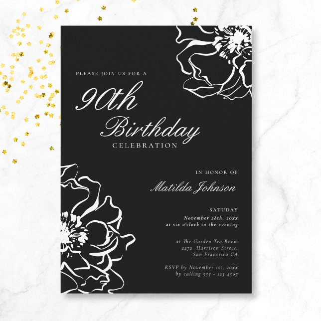 Floral Black and White 90th Birthday Inbjudningar (Mockup View)