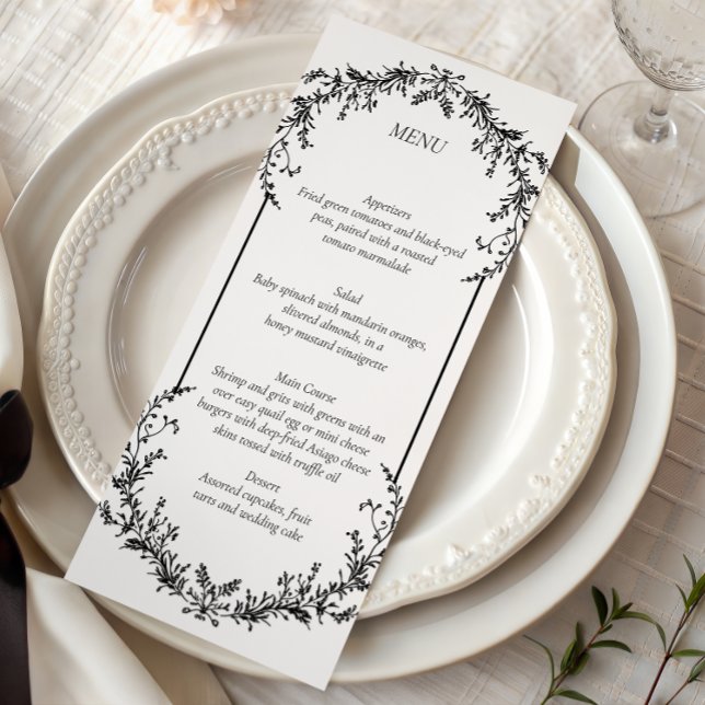 Floral Black and White Line Art Wedding | Menu Meny (Skapare uppladdad)