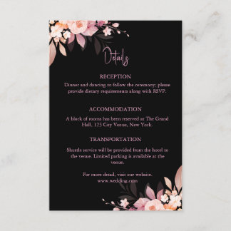 Floral Black & Blush Rose Wedding Tilläggskort