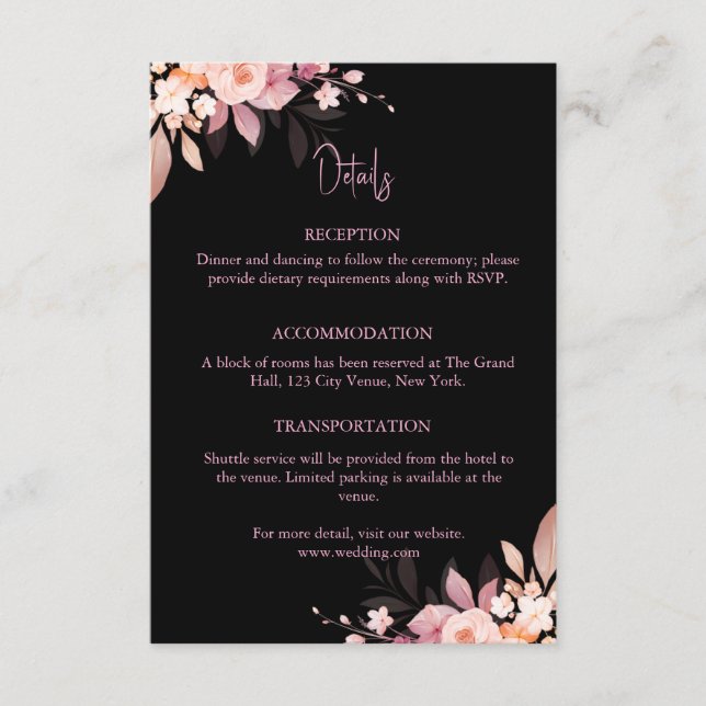 Floral Black & Blush Rose Wedding Tilläggskort (Framsida)