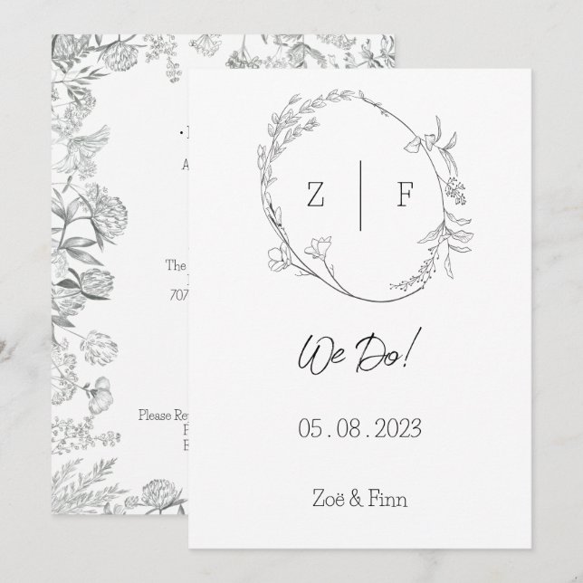 Floral Black & White Botanical Line Art Invitation Inbjudningar (Fram/baksida)