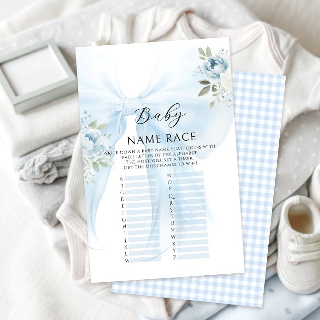Floral Blue Bow Baby Name Race Shower Games (Skapare uppladdad)