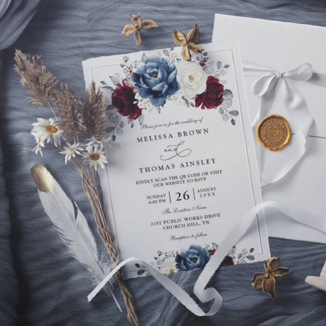 Floral Blue Burgundy White Ivory QR Code Wedding Inbjudningar (Skapare uppladdad)
