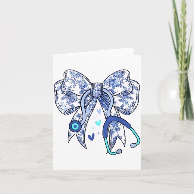 Floral Blue Coquette Bow Nurse Stethoscope Medical Kort (Framsida)