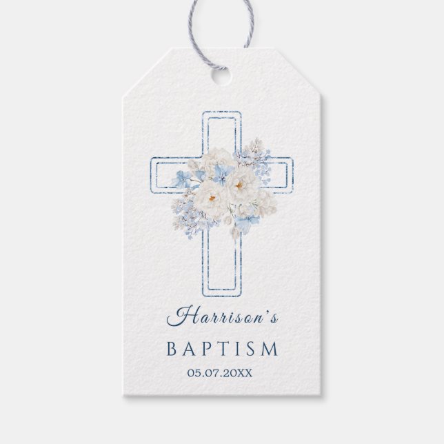 Floral Blue Cross Baptism Gift Tag Presentetikett (Framsidan)