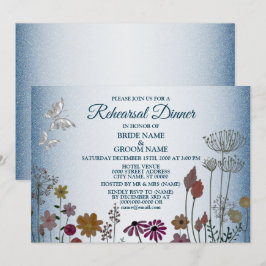 Floral Blue Glitter Wedding Rehearsal Dinner Party Inbjudningar
