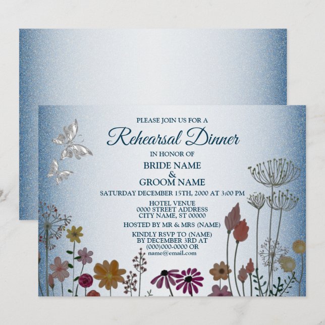 Floral Blue Glitter Wedding Rehearsal Dinner Party Inbjudningar (Fram/baksida)