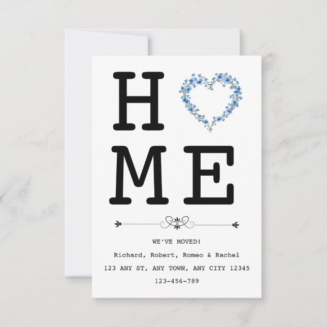 Floral Blue Heart New Home Announcement Meddelande (Framsida)