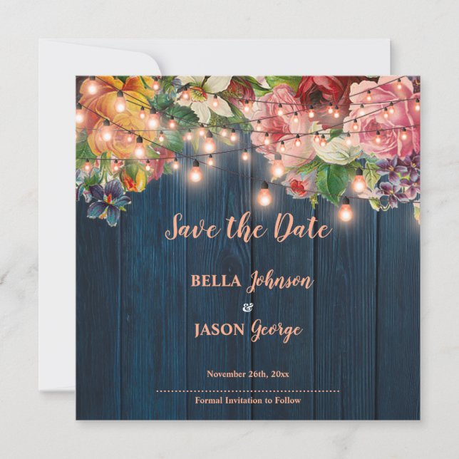 Floral Blue Wood String Lights Save The Date Inbjudningar (Framsida)