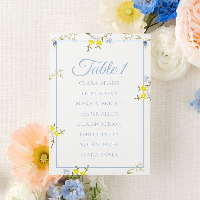 Floral Blue & Yellow Wedding Seating Chart Card Bordsnummer (Skapare uppladdad)