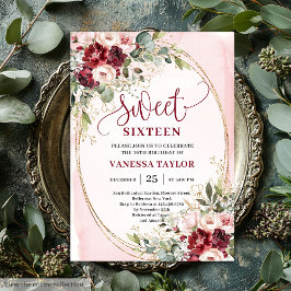 Floral Blush Burgundy Roses Sweet Sixteen Party Inbjudningar