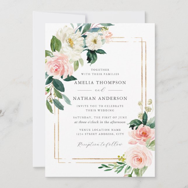 Floral Blush Gold Frame Wedding Inbjudningar (Framsida)