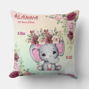 Floral Blush Pink Elephant Baby Birth Stats Kudde
