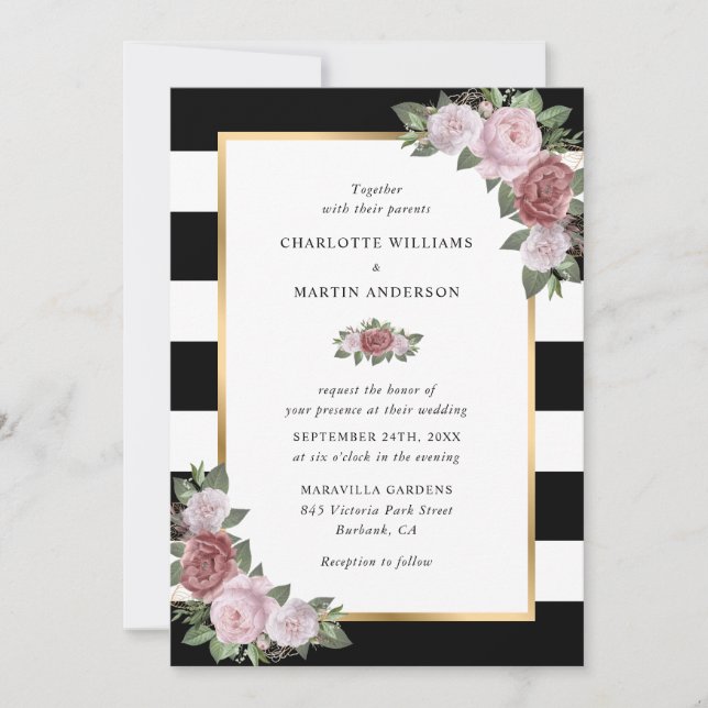Floral Blush Pink Gold Black White Stripes Wedding Inbjudningar (Framsida)