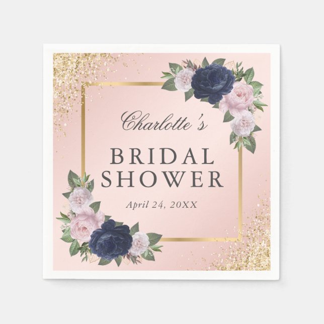 Floral Blush Pink Gold Navy Blue Bridal Shower Pappersservett (Framsidan)