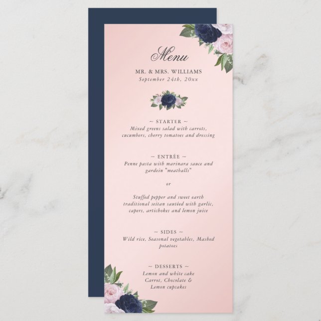 Floral Blush Pink Navy Blue Wedding Meny (Fram/baksida)