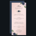 Floral Blush Pink Navy Blue Wedding Meny<br><div class="desc">Elegant navy blue and blush floral wedding menu featuring blue and blush pink flowers and greenery. Matching items available.</div>
