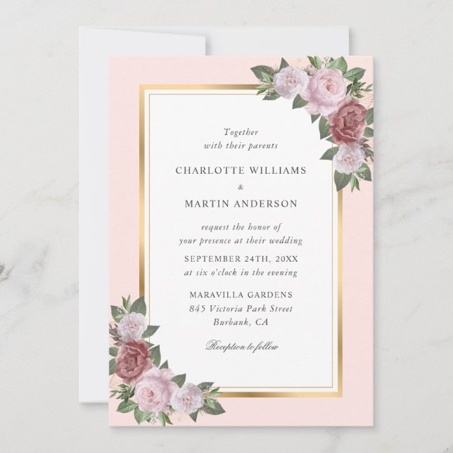Floral Blush Pink Peach Gold Frame Rustic Wedding Inbjudningar (Framsida)