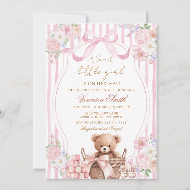 Floral Blush Stripe Pink Bow Bear Baby Shower  Inbjudningar (Framsida)