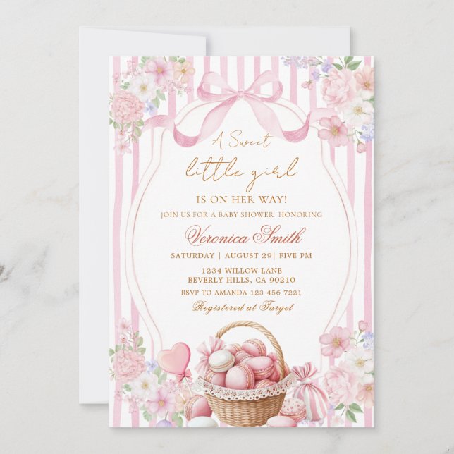 Floral Blush Stripe Pink Sweets Bow Baby Shower  Inbjudningar (Framsida)