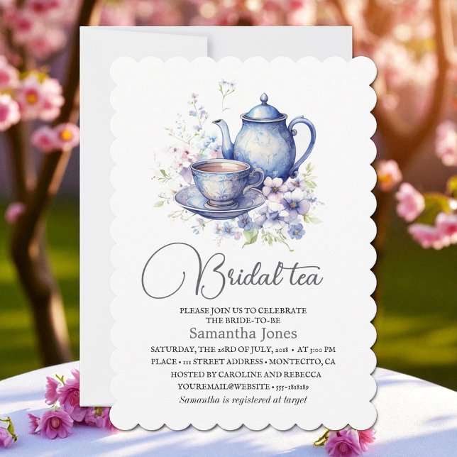 Floral Boho Blue Tea Pot Party Bridal Shower  Inbjudningar (Skapare uppladdad)