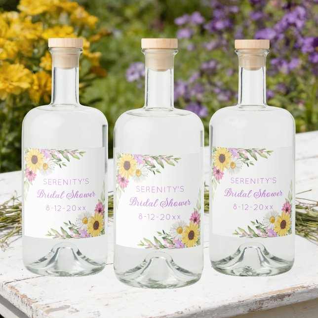 Floral Boho Sunflower Daisy Bridal Shower Spritflaskor Etikett (Skapare uppladdad)