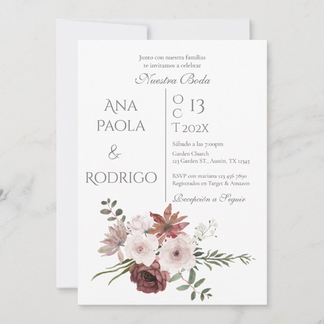 Floral Boho Wedding invitation Invitación Inbjudningar (Framsida)