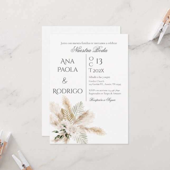Floral Boho Wedding invitation Invitación Inbjudningar (Fram/Back In Situ)