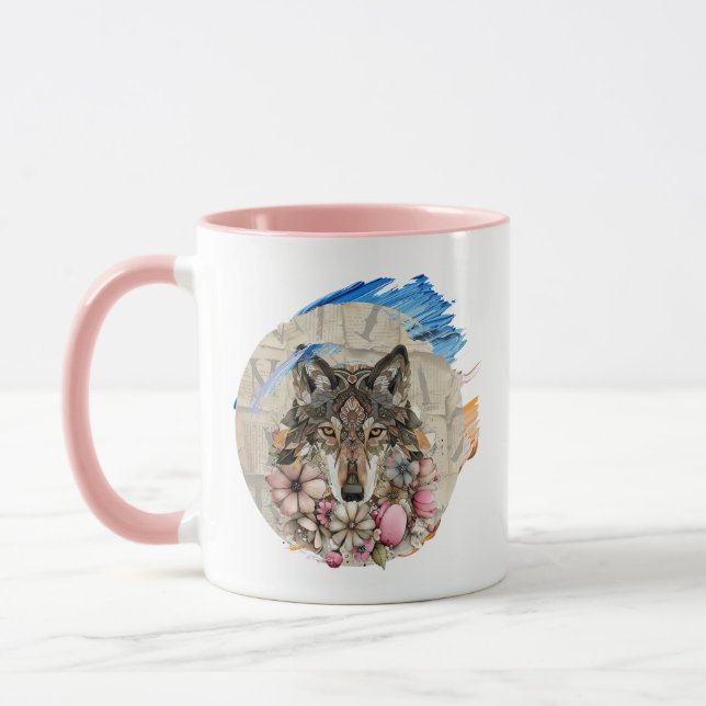 Floral Boho Wolf with Paint Accents  📄 Descriptio Mugg (Vänster)