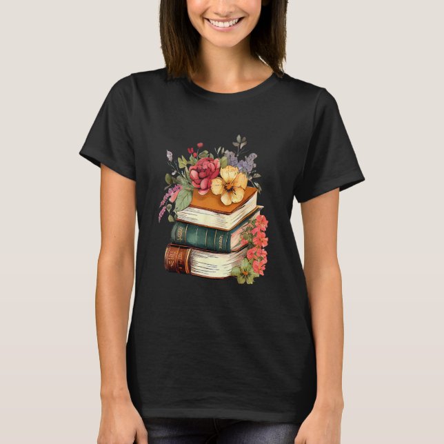 Floral Book Stack Reading Book  Old Books Flowers T Shirt (Framsida)