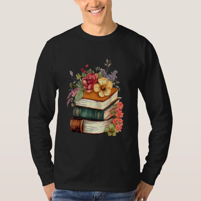 Floral Book Stack Reading Book  Old Books Flowers T Shirt (Framsida)