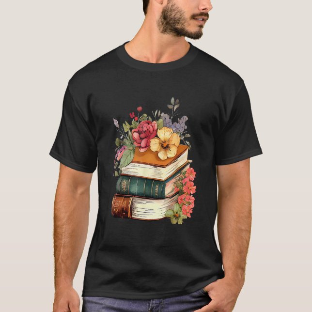 Floral Book Stack Reading Book  Old Books Flowers T Shirt (Framsida)