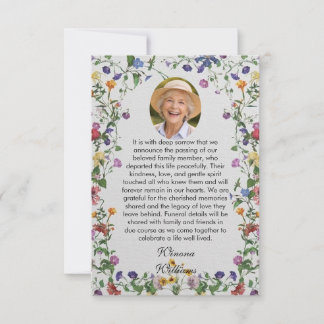 Floral Bordered Photo Death Announcement Meddelande
