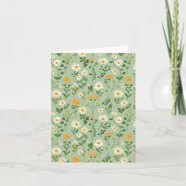 Floral Botanical Green And Yellow Flower Pattern. Helgkort (Framsida)