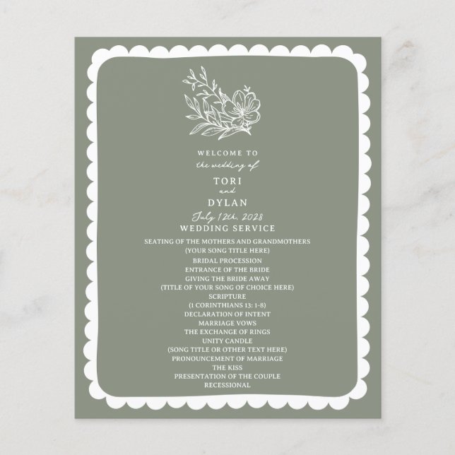 Floral Botanical Sage Green Scalloped Wedding (Framsida)