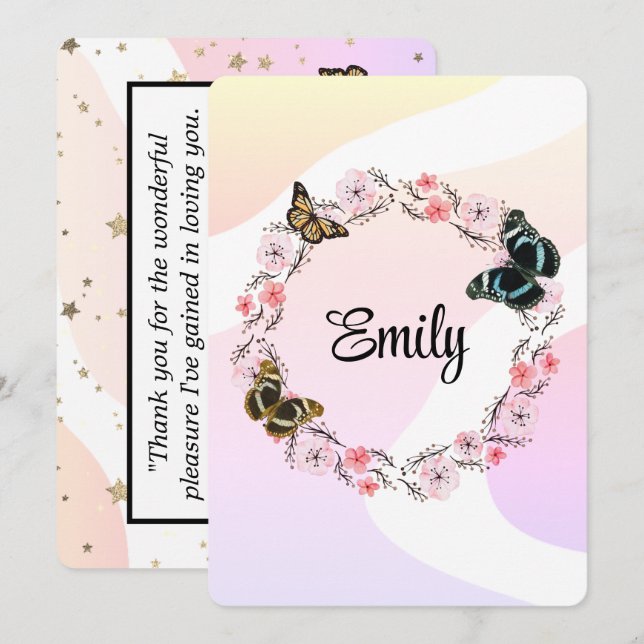 Floral bouquet romantic serenity butterflies inbjudningar (Fram/baksida)