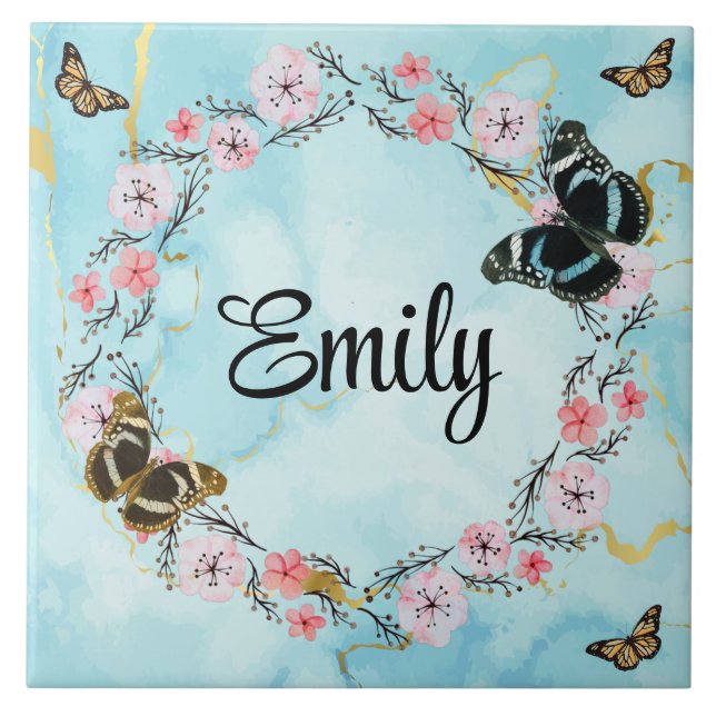 Floral bouquet romantic serenity butterflies kakelplatta (Framsidan)