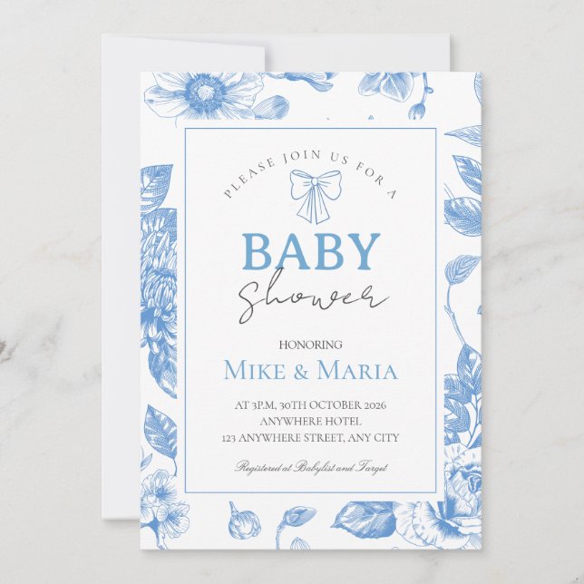 Floral bow boy baby shower invitation inbjudningar (Framsida)
