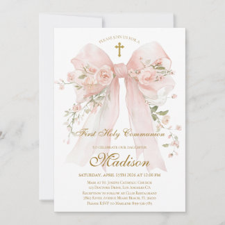 Floral Bow First Holy Communion Invitation Inbjudningar