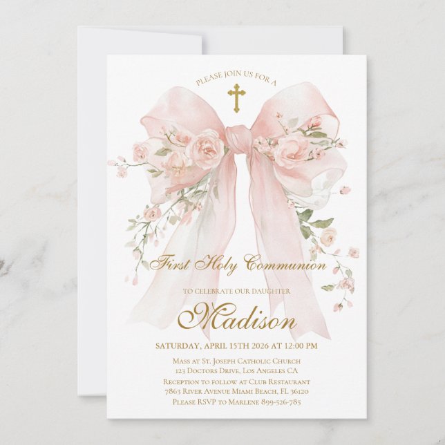 Floral Bow First Holy Communion Invitation Inbjudningar (Framsida)