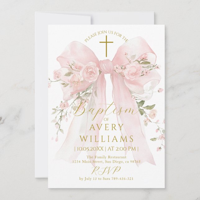 Floral Bow Girls Baptism Elegant Flower Digital Inbjudningar (Framsida)